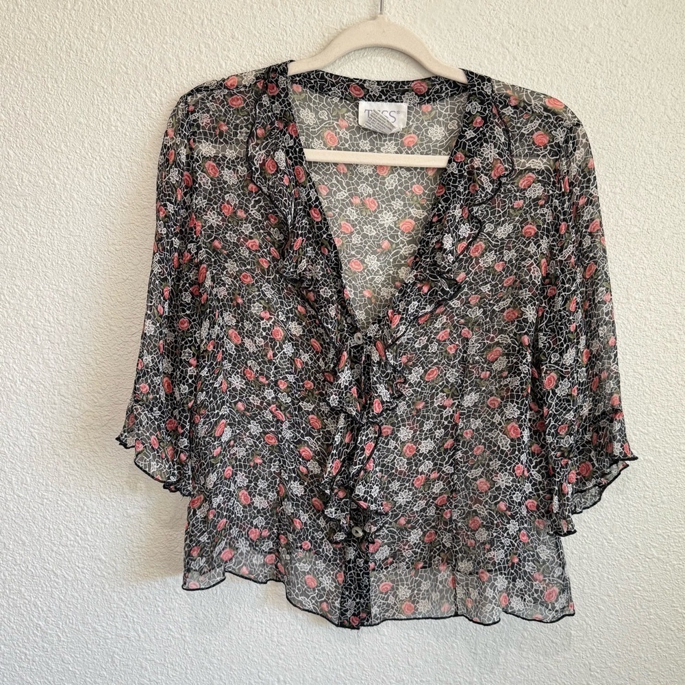 VTG Tess Womens Silk Sheer Floral Lace Print Ruffle V-Neck Blouse Romantic 12‎